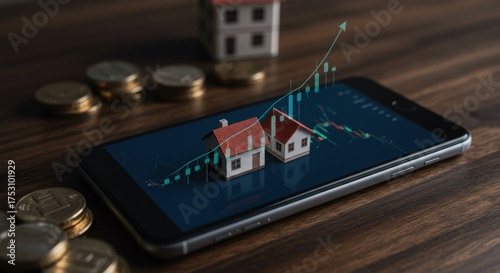 Smartphone Displays Housing Market Growth Chart with Miniature Houses and Stacks of Coins on Wooden Table