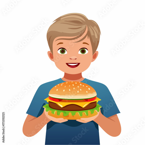 Kleiner Junge mit einem Cheeseburger