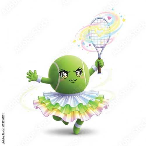 Cute cartoon tennis ball with a racket and a rainbow tutu dancing ballet