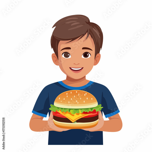 Kleiner Junge mit einem Cheeseburger