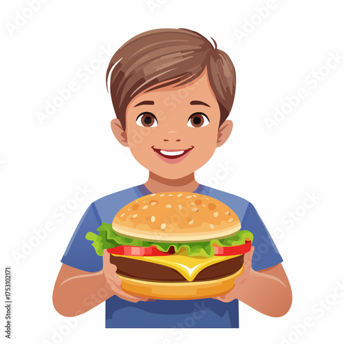 Kleiner Junge mit einem Cheeseburger