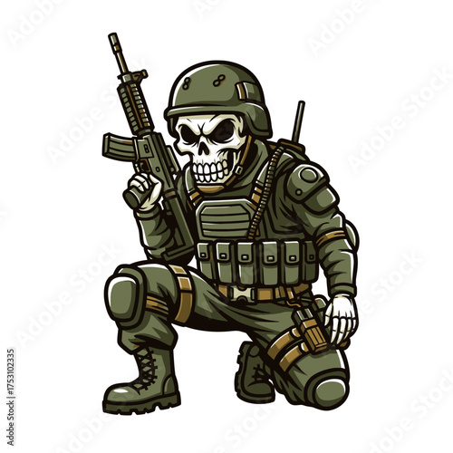 Cartoon skeleton soldier in full tactical combat gear with a rifle, mascot illustration
