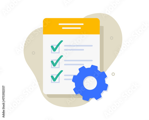 Technical research management exam check list icon flat cartoon graphic illustration, modern technology inspection review manual document guide, project task test instruction information