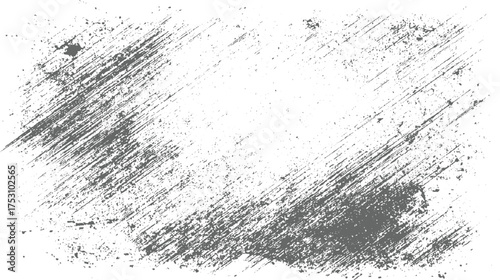 Abstract gray distressed texture with diagonal lines and scattered speckles on a white background