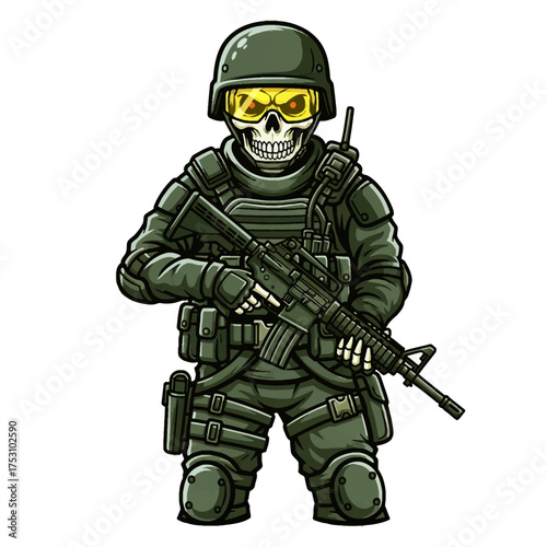 Skull Soldier A Grim Defender Depicted in Military Gear with Weapon and Tactical Equipment
