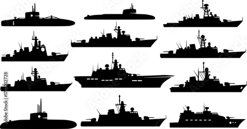Naval ship silhouettes. This image shows various silhouettes of naval ships, including submarines and warships, depicted in black against a white background. Vector clipart illustration design