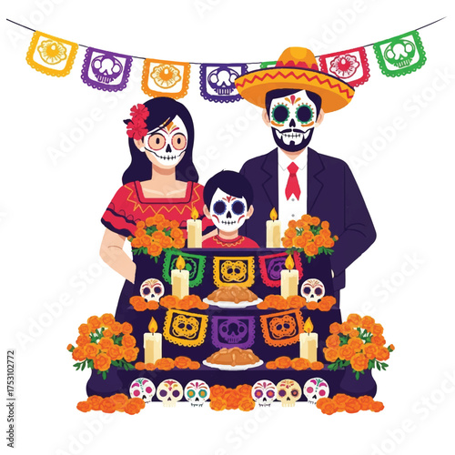 Illustration of a Dia de los Muertos family with sugar skull makeup standing behind an altar with flowers and candles on a white background with colorful papel picado banners.