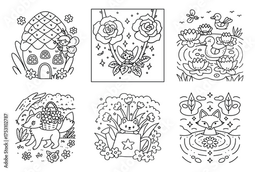 Enchanting Woodland Gnome Home with Fairy and Fluttering Butterflies Whimsical Forest Dwelling Outline Illustration for Children's Coloring