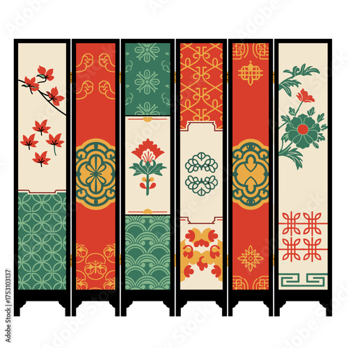 Chinese folding screen with decorative patterns in vibrant colors