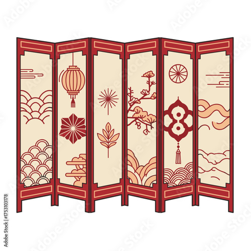 Chinese folding screen in pastel colors with traditional motifs and patterns
