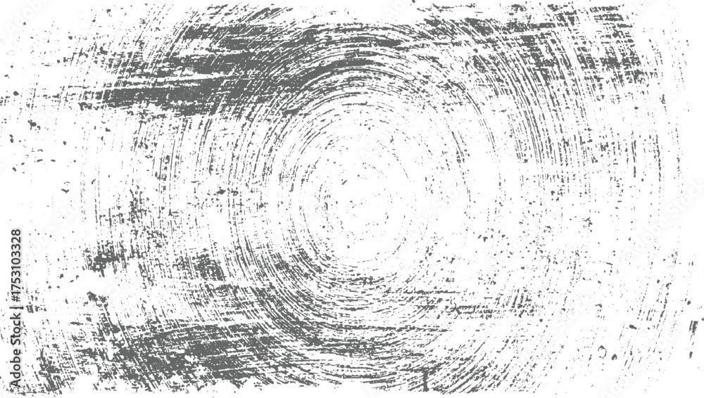 Obraz premium A distressed gray circular brush stroke texture with a rough, scratched, and weathered appearance on a white background.