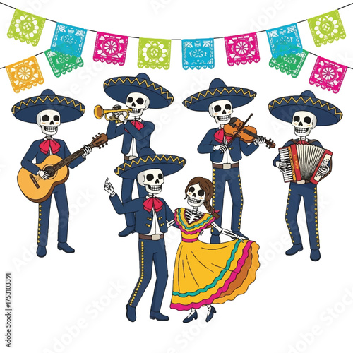 Colorful illustration of skeletons dressed as mariachi musicians and a dancer celebrating a festive Latin American holiday with a banner of flags.