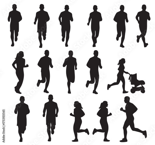 Dynamic silhouettes of people running and jogging, promoting active lifestyles and fitness goals for families and individuals, embracing wellness