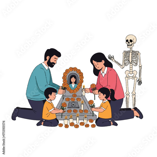 Illustration of a family with two children and a skeleton decorating an altar with orange flowers and a framed photo on a white background.