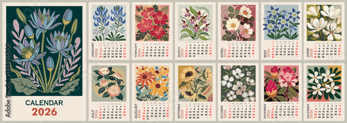 Vintage 2026 floral calendar design with botanical illustrations featuring lotus, hibiscus, magnolia, sunflower, cherry blossom. Retro mid-century aesthetic with soft muted colors, cream background