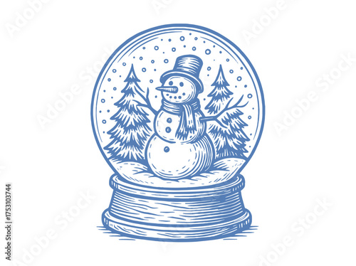 Snowman in snow globe winter scene engraving vector illustration