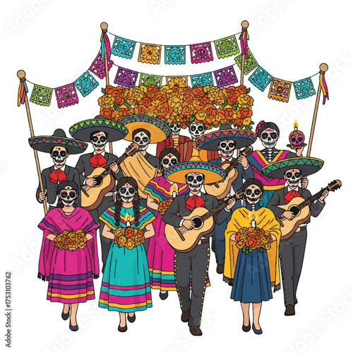 Colorful illustration of a lively mariachi band with skeleton musicians and dancers wearing traditional Mexican clothing and playing instruments against a white background with festive