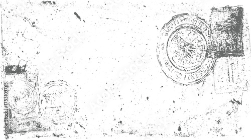 Aged paper texture with dark ink stamps and scattered splatters creating a distressed vintage look.