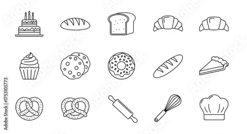 Bakery and pastry shop line icon set. Vector outline symbols of baking food, bread, and desserts. Fresh baked goods like cake, croissant, donut, pie. Cooking kitchen tools.