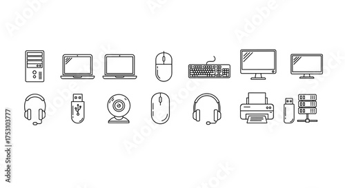 Computer hardware and peripherals thin line icon set. PC technology outline vector illustration. Laptop, monitor, keyboard, mouse, printer, server, webcam, headset icons.