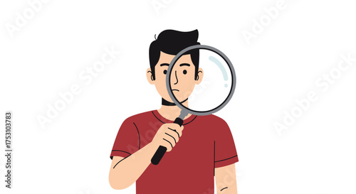 Man with magnifying glass. Search, find, and analyze concept. Detective, investigator, or researcher looking for information. Business analysis, SEO, data audit, and inspection.