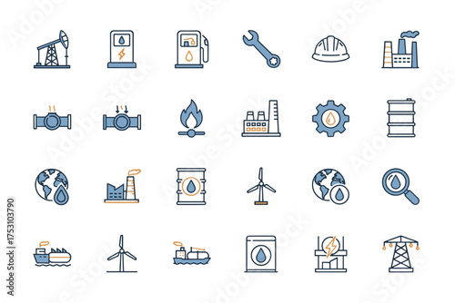 Energy industry vector icon set. Oil, gas, electricity, power generation concepts. Includes oil pump, factory, pipeline, tanker, barrel, wind turbine, gas station, power line symbols.