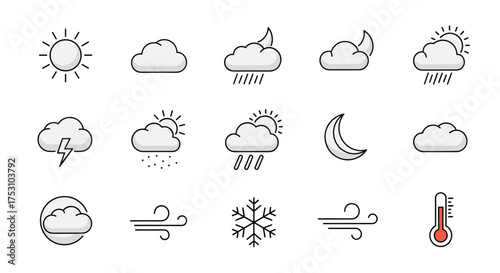 Set of modern vector weather icons including sun, cloud, rain, snow, wind, lightning, moon and temperature symbols, simple flat design, meteorology and climate concepts.