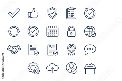 Approve, Check mark, and quality control line icons. Verification, certification, validation, security shield, checklist, agreement, award, and verified user vector symbols.