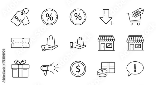 Shopping and retail line icon set for e-commerce. Includes sale tag, discount, Black Friday cart, coupon, gift, store, money, and promotion symbols. Thin outline vector.