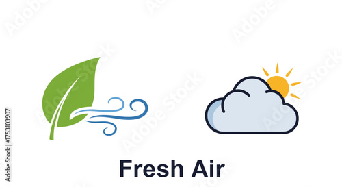Clean air and nature concept icons. Green leaf with wind for fresh breath and ecology. Sun and cloud weather symbol. Vector illustration for healthy environment and outdoors.