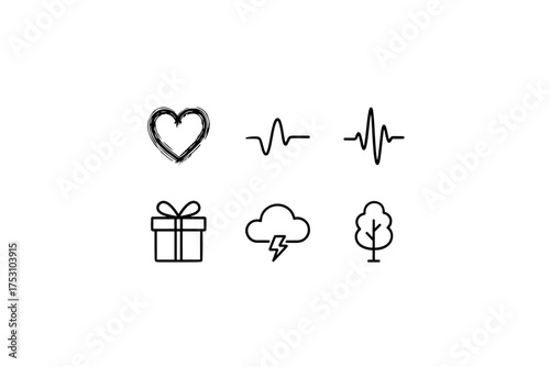 Set of 6 minimalist line icons. Grunge heart, ECG heartbeat, gift box, storm cloud, simple tree. Vector collection for love, health, weather, nature, celebration concepts.