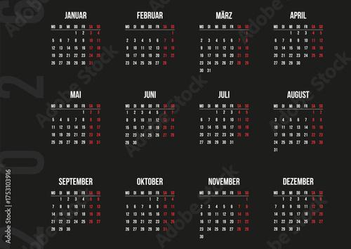Black German 2026 calendar yearly template single horizontal page. Layout Deutsch Kalender Wall or Desk Jahresplaner