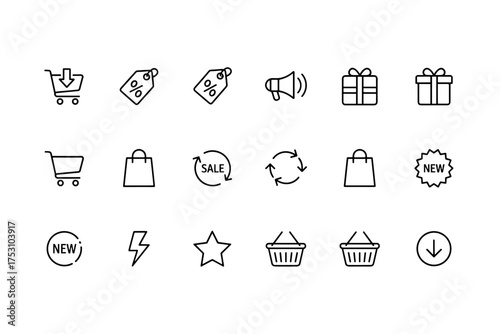 E-commerce and online shopping thin line icon set. Vector symbols for retail business, website UI, and mobile app. Includes cart, basket, discount, sale, new, and gift icons.