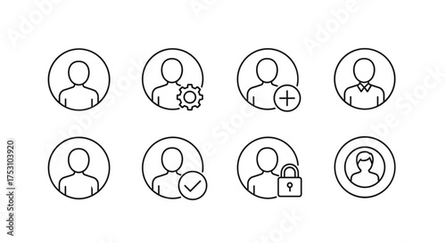 User profile line icon set. Account management symbols. Avatar, add user, settings, verified account, secure login. Personal identity concept. Line art for UI UX design.