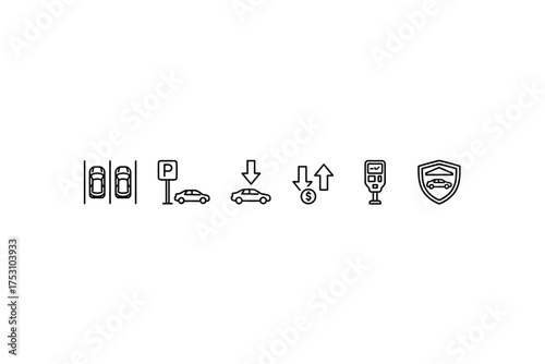Car parking line icon set. Vector symbols for paid parking, parking meter, vehicle payment, parking fees, and car insurance shield protection. Transport and vehicle concepts.