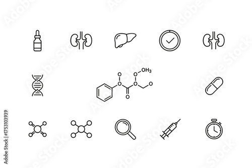 Medical and science line icon set. Vector symbols for healthcare, biology, chemistry, and pharmacy. Includes kidney, liver, DNA, molecule structure, pill, and syringe icons.