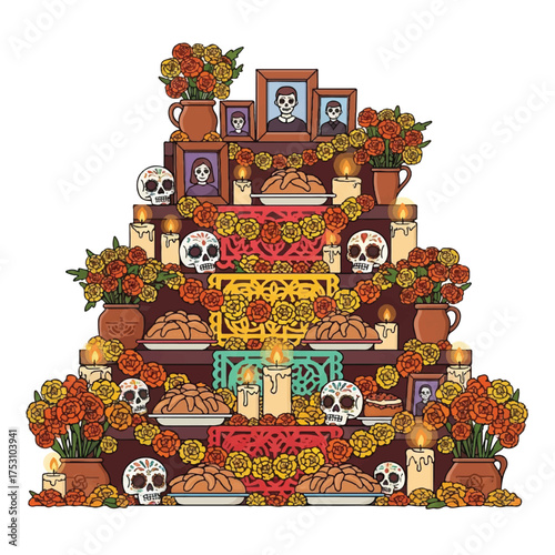 Vibrant Day of the Dead altar with skulls, flowers, food, and photographs on a white background, featuring a colorful arrangement of marigolds, candles, and offerings.