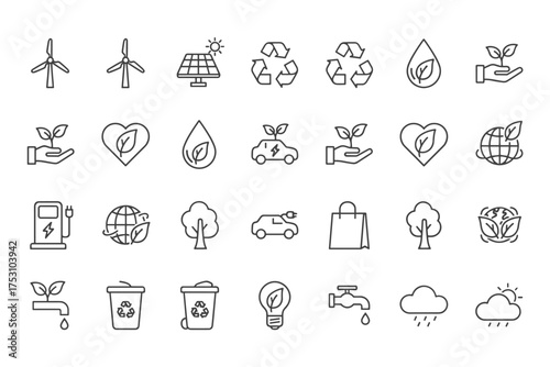 Vector line icon set of environment and ecology. Contains symbols for green energy, sustainability, recycling, renewable resources, nature conservation, and an eco friendly life.