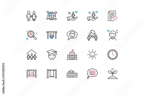 Adoption and foster care thin line icon set. Family love, child protection, charity, and social work. Finding a home, orphanage, education, and community support symbols.