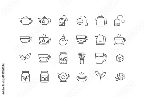 Tea line icon set vector. Outline icons for brewing tea. Teapot, cup, kettle, teabag, leaf, matcha whisk, sugar, infuser. Hot drink beverage for cafe menu design.