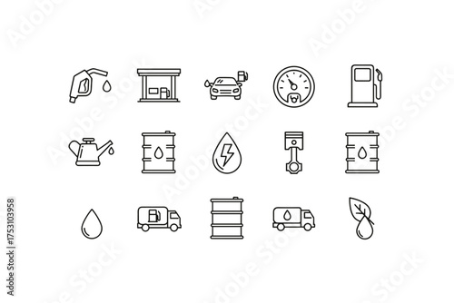 Fuel and power line icon set. Gas station, petrol pump, oil barrel, car service, diesel truck symbols. Vector collection of thin line icons for automotive industry, transport, and biofuel concepts.