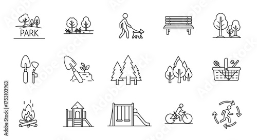Park life and outdoor recreation thin line icons set. City park activities, nature, leisure. Walking dog, playground, picnic, cycling, campfire, gardening, forest symbols.