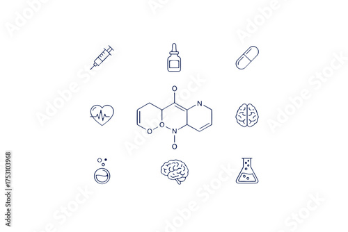 Medical research, chemistry icon set. Central chemical formula of a new drug or psychoactive substance. Science icons: syringe, pill, brain, heart, lab flask. Healthcare concept.