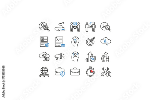 Thin line icon set for business, career, and HR. Icons for success, teamwork, management, job search, recruitment, growth, strategy, goal, resume, and corporate concepts.