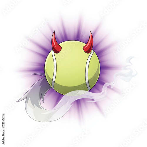Vibrant tennis ball graphic with devil horns and smoky tail, radiating a powerful purple aura, symbolizing intense, competitive, and formidable spirit in sports