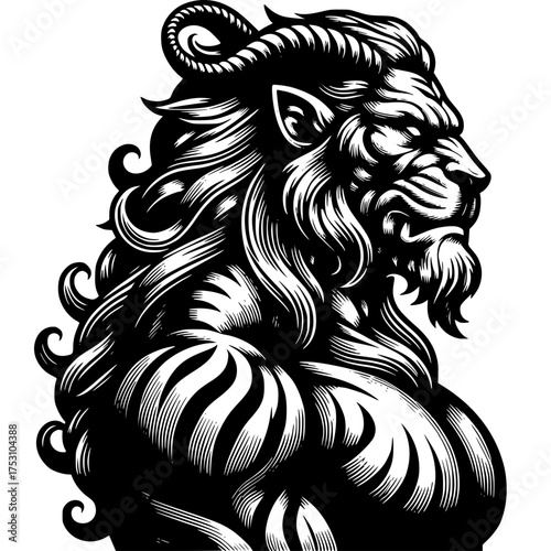 Mythic Creature: A striking black and white illustration portrays a mythical creature, a fusion of beastly power and regal majesty, embodying strength and fantasy.