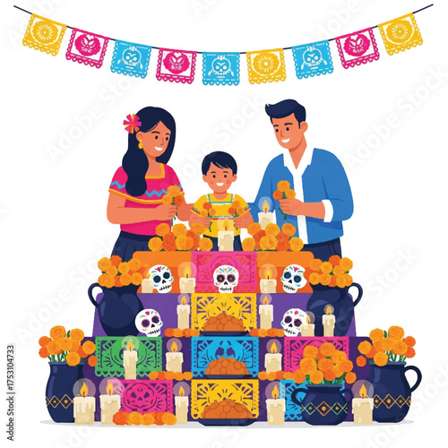 Illustration of a Latin American family celebrating Day of the Dead with an altar decorated with flowers, skulls and candles on a white background with a colorful banner.