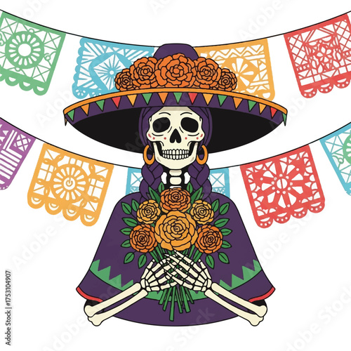 Illustration of a colorful skeleton dressed in a purple dress and hat, holding orange roses, surrounded by a festive banner on a white background.