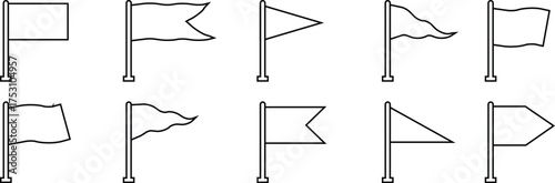 Black flag icon set, collection and group of flagpole symbols in line style, minimalist banner, pennant, marker, and sign design vector illustration, silhouette and outline black vector collection
