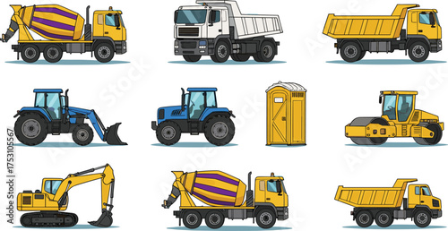 Construction vehicles, heavy machinery, dump truck, excavator, tractor, mixer, roller, bulldozer, porta potty, equipment, yellow trucks, portable toilet, construction site,